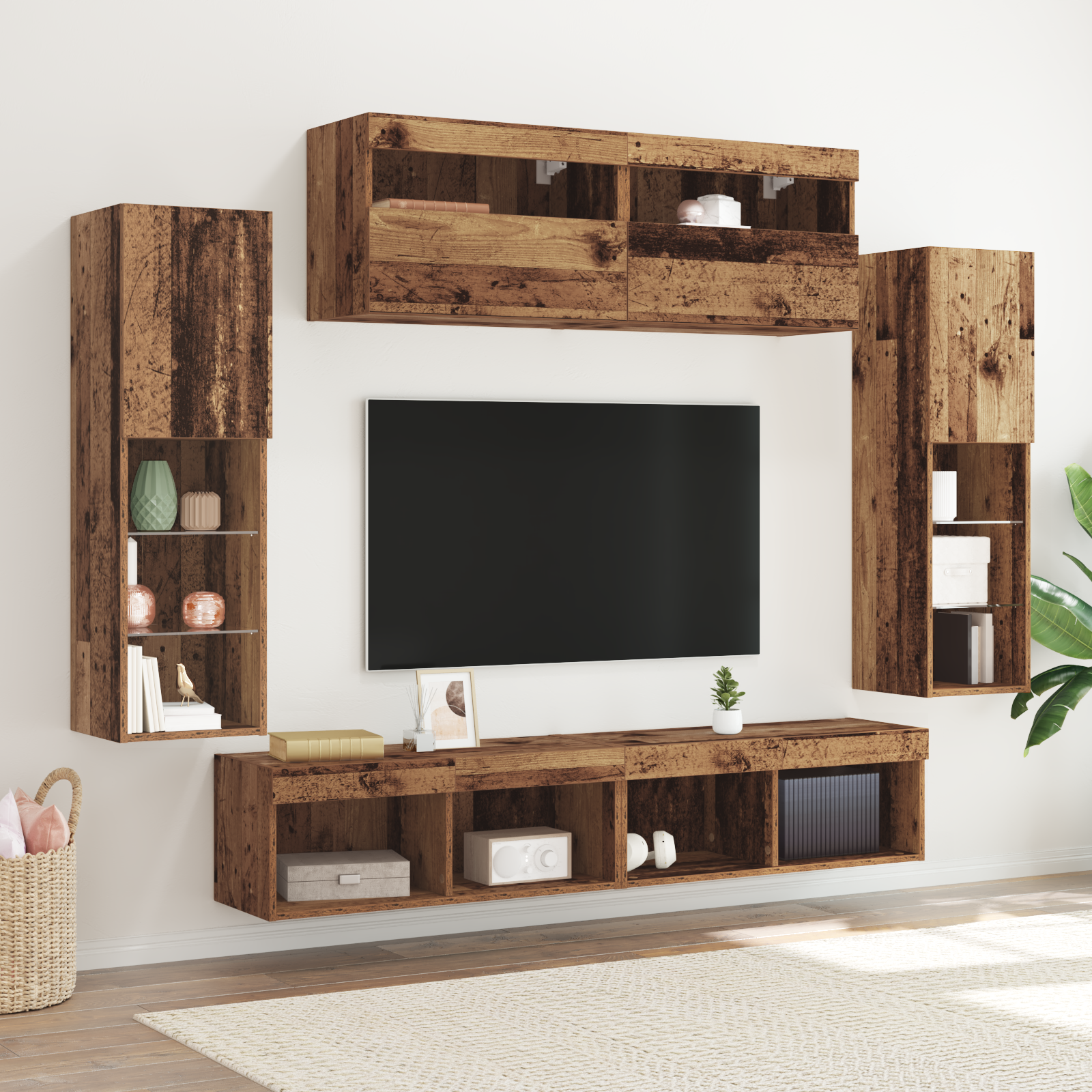 Set di 8 Unità Muro TV con LED Legno Antico Legno Ingegnerizzato 2104676