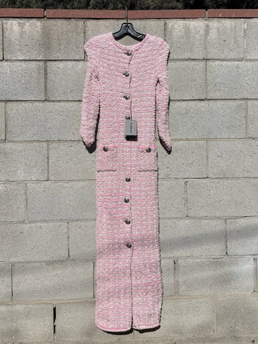 Maxi abito Balenciaga in maglia tweed di cotone rosa nuovo con etichette $3050 taglia XS