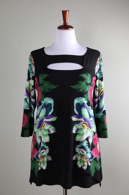 EVA VARRO NWT $157 Slinky Stretch Heidi Floral Peekaboo Tunic Top Size Large