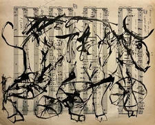 Original india ink drawing on music sheet abstract bull toro in art brut style