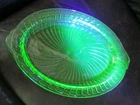 Vintage Green Depression Uranium Glass Platter Oval 12 Inch Swirl Pattern GLOWS