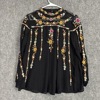 Zara Top Blouse  Womens Size M Black floral Lined Boho WhimsiGoth