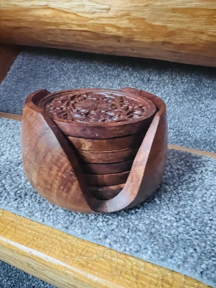 6 posavasos de madera vintage madera de teca hechos a mano flores talladas hechas en la India Foto 2 de 4