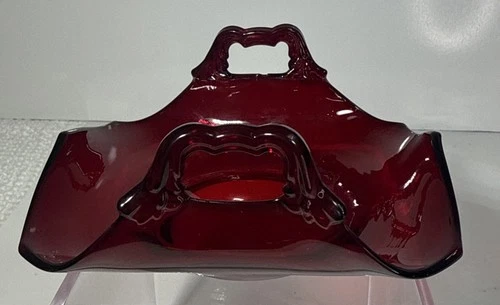 Vintage Martinville Ruby Red Handle Decagon Cheese Bon Bon Depression Glass Dish
