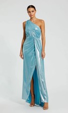Mac Duggal Ice Blue One Should Metallic Jersey Gown Dress Size 14 $398