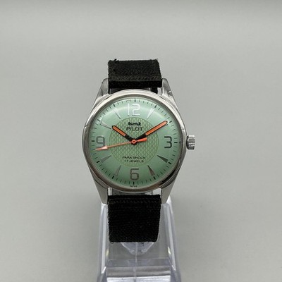 Vintage HMT Pilot Mens Watch 35mm Green Dial Para Shock 17 Jewels