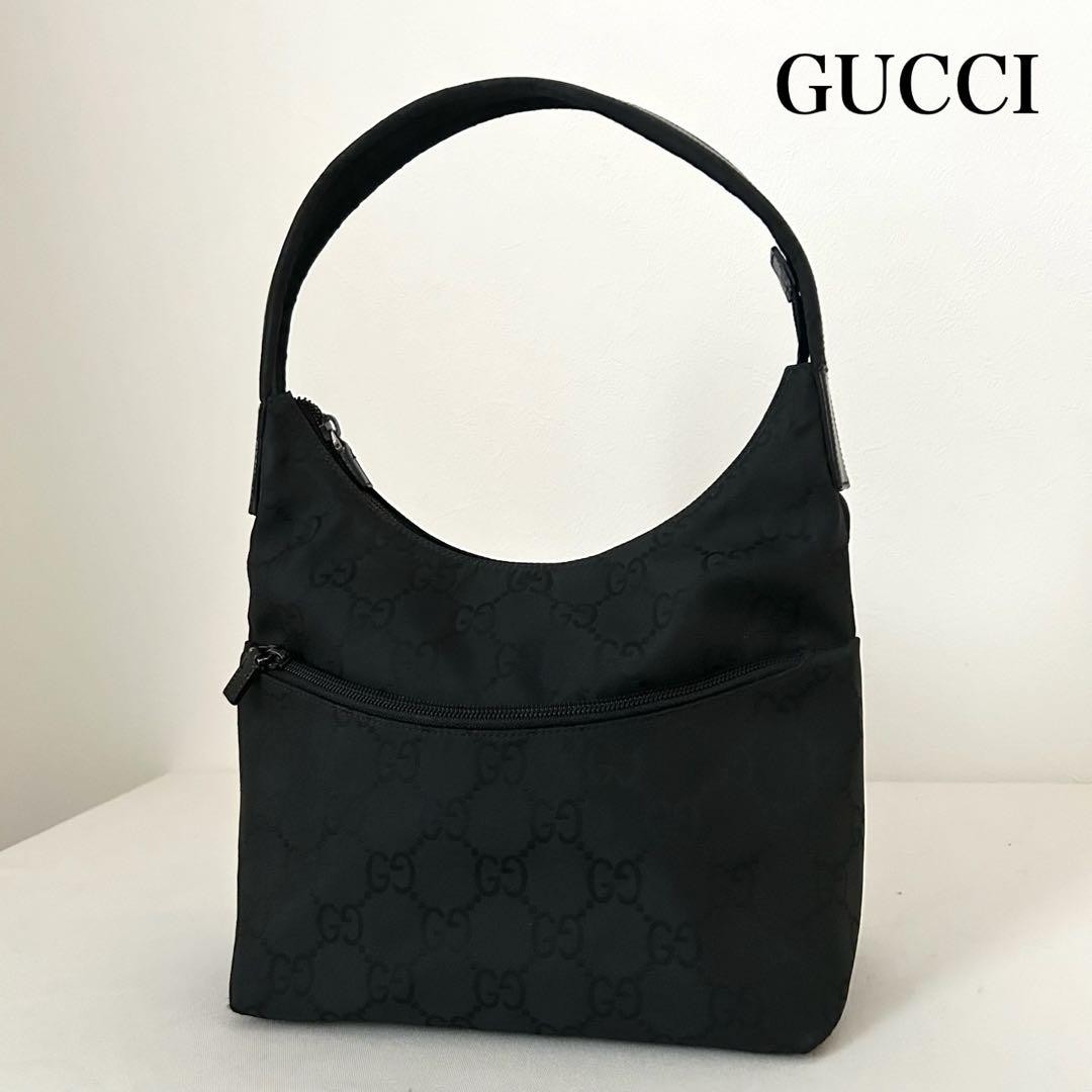 Gucci GG Black Leather One Shoulder Tote Handbag New