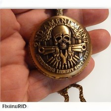 Skull Pendant Pocket Watch With Necklace Chain 2nd Amendment Bronze