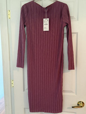 Zara NWT Size M Magenta Textured Knit V-Neck Stretch Bodycon Midi Dress