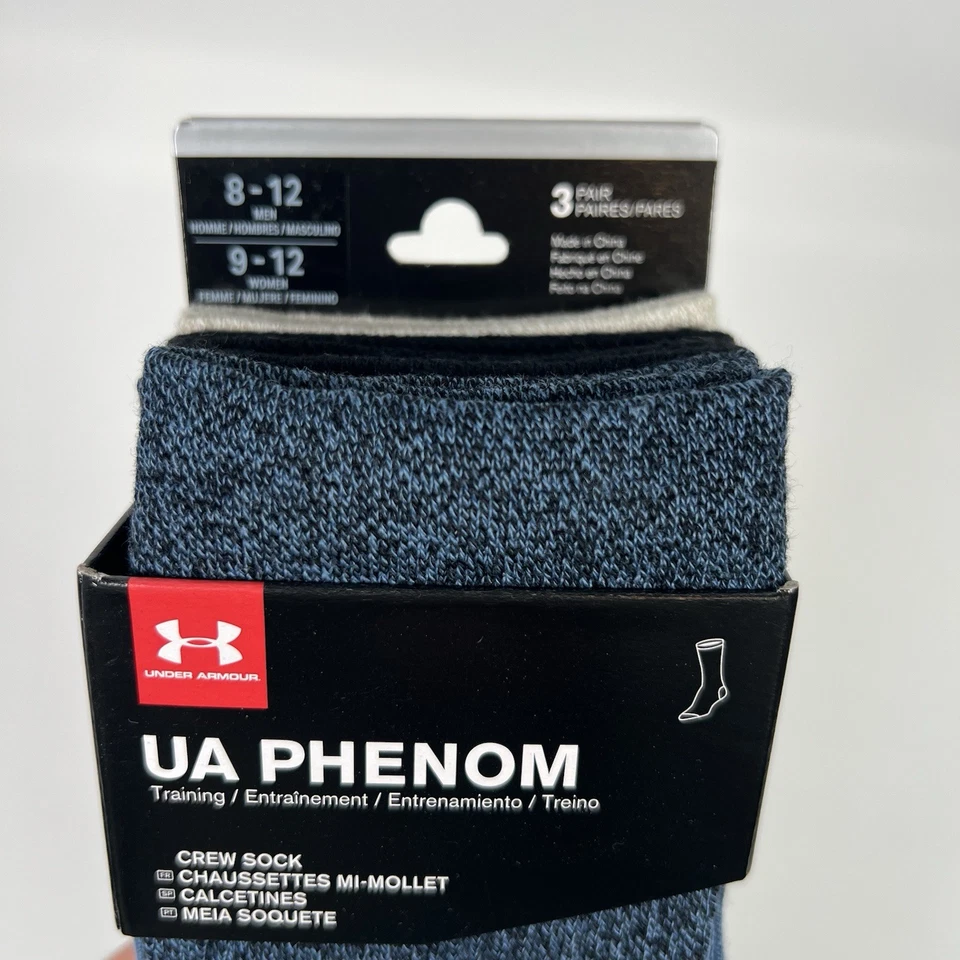 Calcetines Under Armour UA Phenom Training Crew (paquete de 3) para hombre 8-12 grandes azules NUEVO Foto 2 de 4