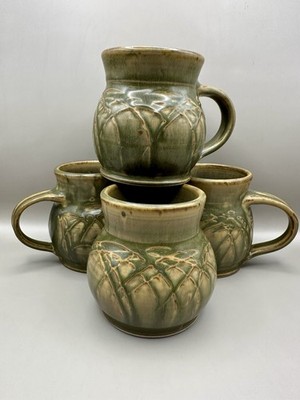 Set of 4 Studio Pottery Mugs Green Drip Glaze Leaf Motif Signed Arts Crafts