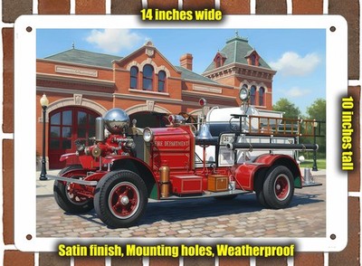 Metal Sign - 1917 Ahrens Fox Fire Engine Oil Painting - 14x10