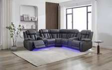 Zeus Leather Electric Recliner Corner Sofa Grey With CupHolder,Bluetooth,USB,LED