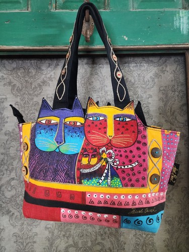 Laural Burch Cutout Kitty Cat Canvas Purse Vibrant Bright Bohemian Wood Buttons - Picture 2 of 22