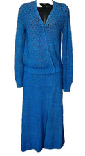 Vintage 1930s blue knit dress set, skirt long sleeve 1940s sweater outfit S M