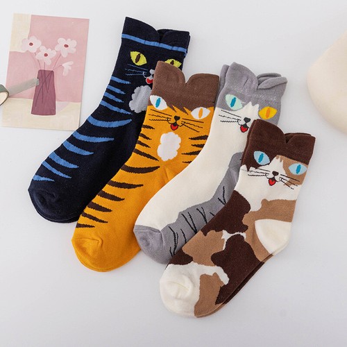 4 Pairs Colorful Cute Animal Design Patterned Women's Casual Cotton Socks Cat - Picture 3 of 16