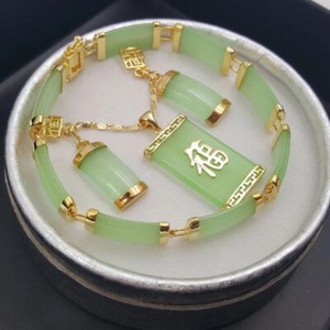 Authentic Lucky Green Jade 18K Gold Plated Women Necklace Earrings Bracelet Jewelry Set