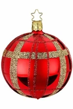 Inge-glas 8cm Ball Twisted Lines red Shiny 21205T008 German Glass Christmas Orna