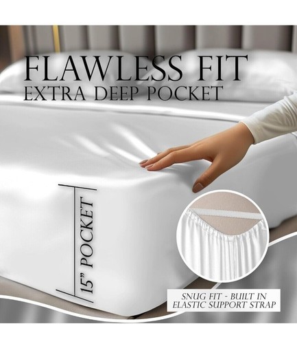 Luxury Satin Full Bed Sheet Set With 15" Deep Pocket White - Picture 5 of 8