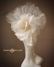 White Kentucky Derby Fascinator Bridal Silk Rose Flower Royal Ascot Hat Del Mar