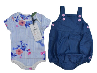 Joules Linney Chambray Floral Matching 2 Pc Set Short Sleeve Blue Toddler 3-6M