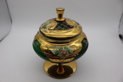 Vintage Tre Fouchi Venetian Murano Glass - Emerald Green Glass w/ Lid - Picture 3 of 10