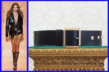 S/13 L 12 VERSACE BLACK LEATHER BELT w/LIGHT GOLD MEDUSA GREEK KEY STUDS 85/34
