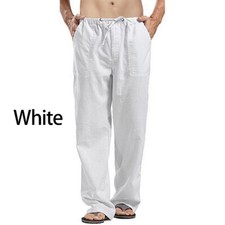 Mens Pants Loose Linen Straight Pants Elastic Waist Casual Trousers Streetwears