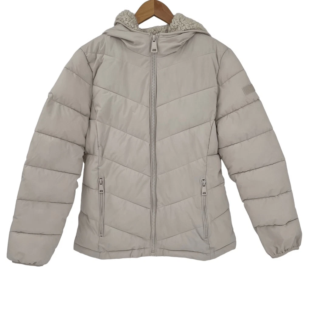 NWOT Calvin Klein Sorona Aura Hooded Puffer Jacket Women Small Cream Warm  Soft | eBay