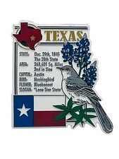 Texas State Souvenir Magnet State Shape/Facts/Bird/Flower 3.5” x 3.175”NWT