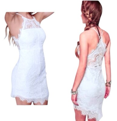 Free People It's So Hot Slip Dress Small 4 6 White Eyelash Lace Halter Neck NWT