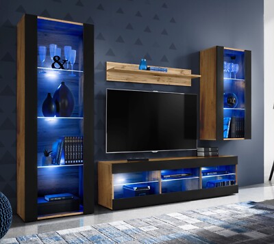 NEU komodee Tivoli Medio TV Wohnwand Wohnzimmerset, Eiche Weiß Schwarz, LED