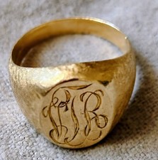 14k Yellow Gold Mens Signet Ring Florentine Finish Size 9.75 Vintage Stunner 14g