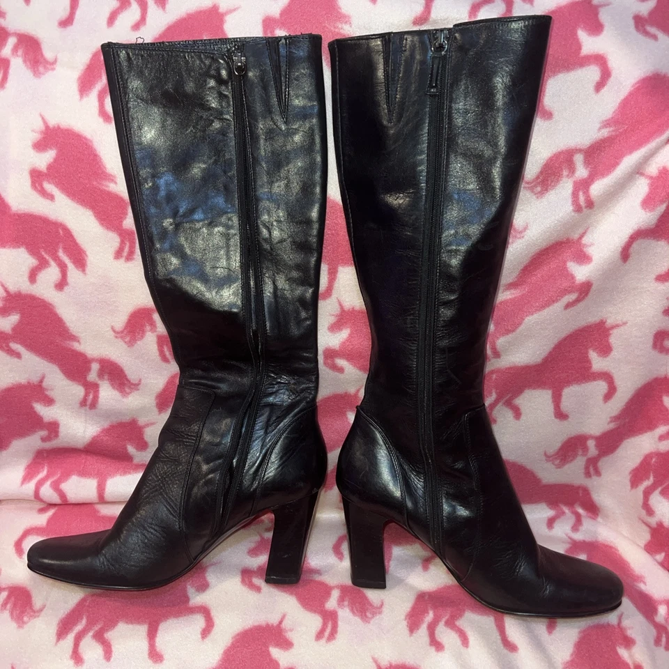 Botas hasta la rodilla de cuero italiano negro vintage VIA SPIGA cremallera lateral talla 9M Foto 4 de 4