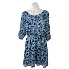 Charming Charlie Blue Geometric 3/4 Sleeve Scoop Neck Mini Blouson Dress Size S