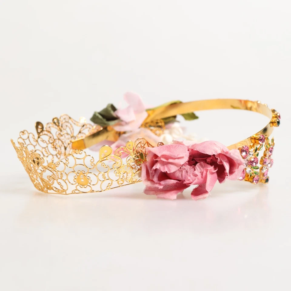 DOLCE & GABBANA Diadema Oro Floral Tiara Rosas Rosa Corona Cristal PVP 2440usd Foto 2 de 4