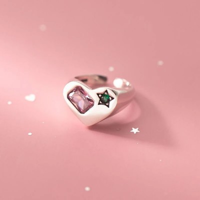 Adjustable Copper Ring For Women With Love Star Zircon Accent Electroplated