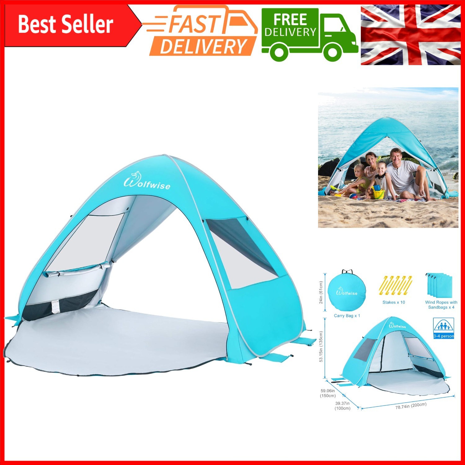 La mejor tienda de playa emergente para 3-4 personas | Refugio solar UPF 50+, configuración rápida, por...