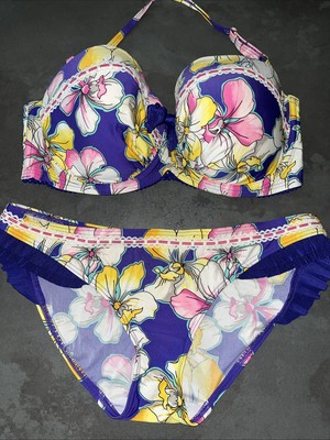 Ladies Purple Orchid Floral Floozie Frost French Bikini Size 10 Bottoms 34E Top