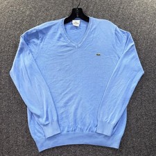 Lacoste Sweater Mens Large Blue Cotton V Neck Pullover Classic Croc Logo Knit