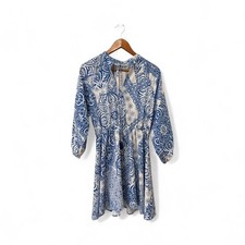 Boho Blue & White Printed Mini Dress – Long Sleeve – Size S – Zara-Inspired Styl