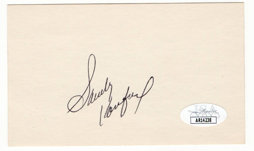 Sandy Koufax Autographed Signed Los Angeles Dodgers Index Card Dodgers HOF Legend JSA AR14238 