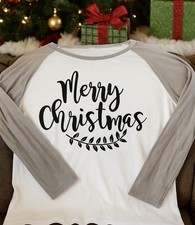 Image of Merry Christmas Garland Raglan Baseball Tee White Gray Sleeve Holiday Shirt M