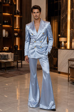 Mens Light Blue Satin 2 Piece Suit Flare Pants Wedding Party Prom Formal Outfit