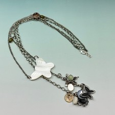 Carved Shell Butterfly Necklace Silver Tone Layered Charms Boho Cottagecore Gift