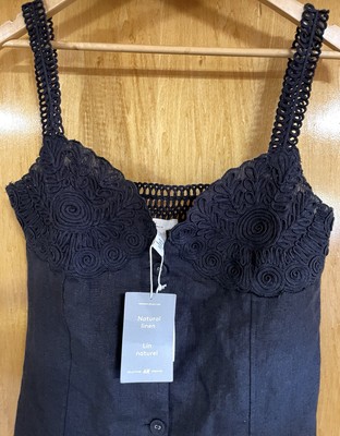 H&M LINEN Women's M, Black Natural Linen Short Dress, Button Front, Crochet, NWT