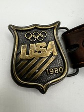 Vintage Bergamot Brass Works USA Olympics 1980 Buckle Belt Brown 38" Length