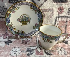Antique Minton England Cup & Saucer Floral Print w/Basket Inside of Cup Bottom 