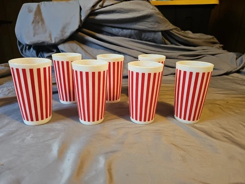 Set Of 7 Vintage  Hazel Atlas Red Candy Stripe, White  Milk Glass Tumblers