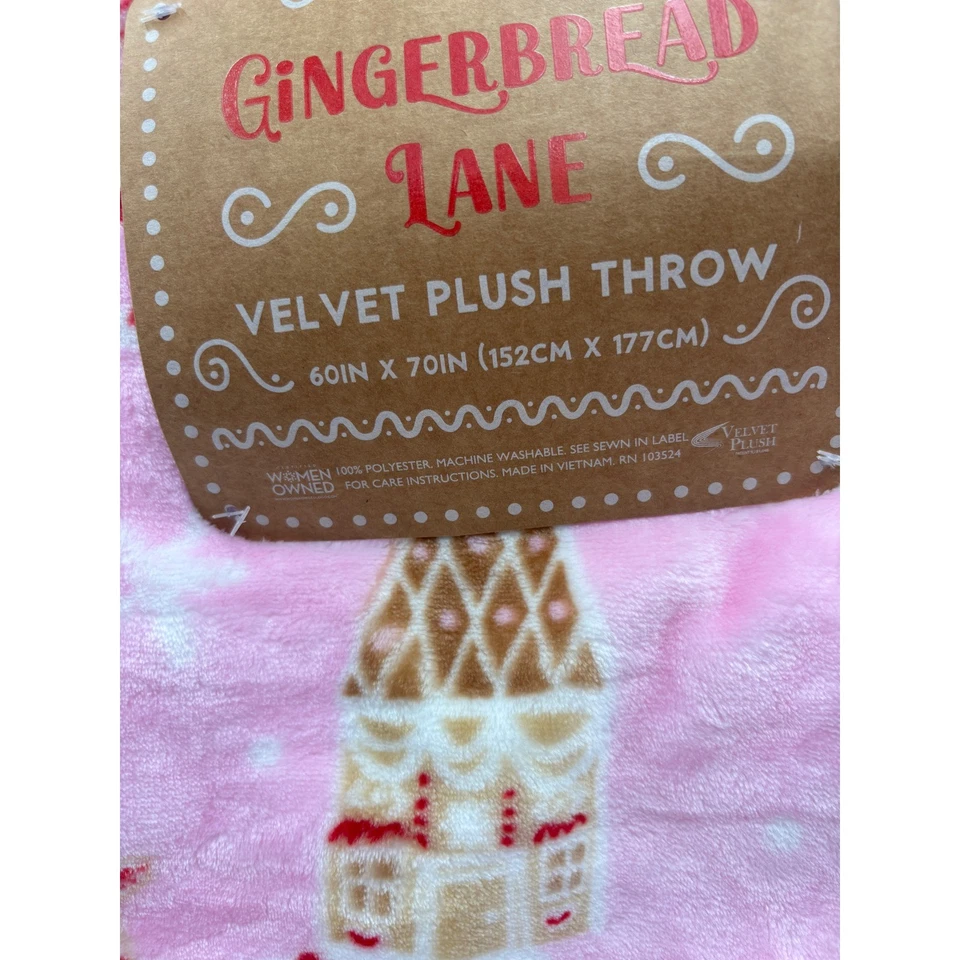 Gingerbread Lane Velvet Plush Throw Blanket Pink Christmas Holiday 60 x 70 - Image 4 of 4